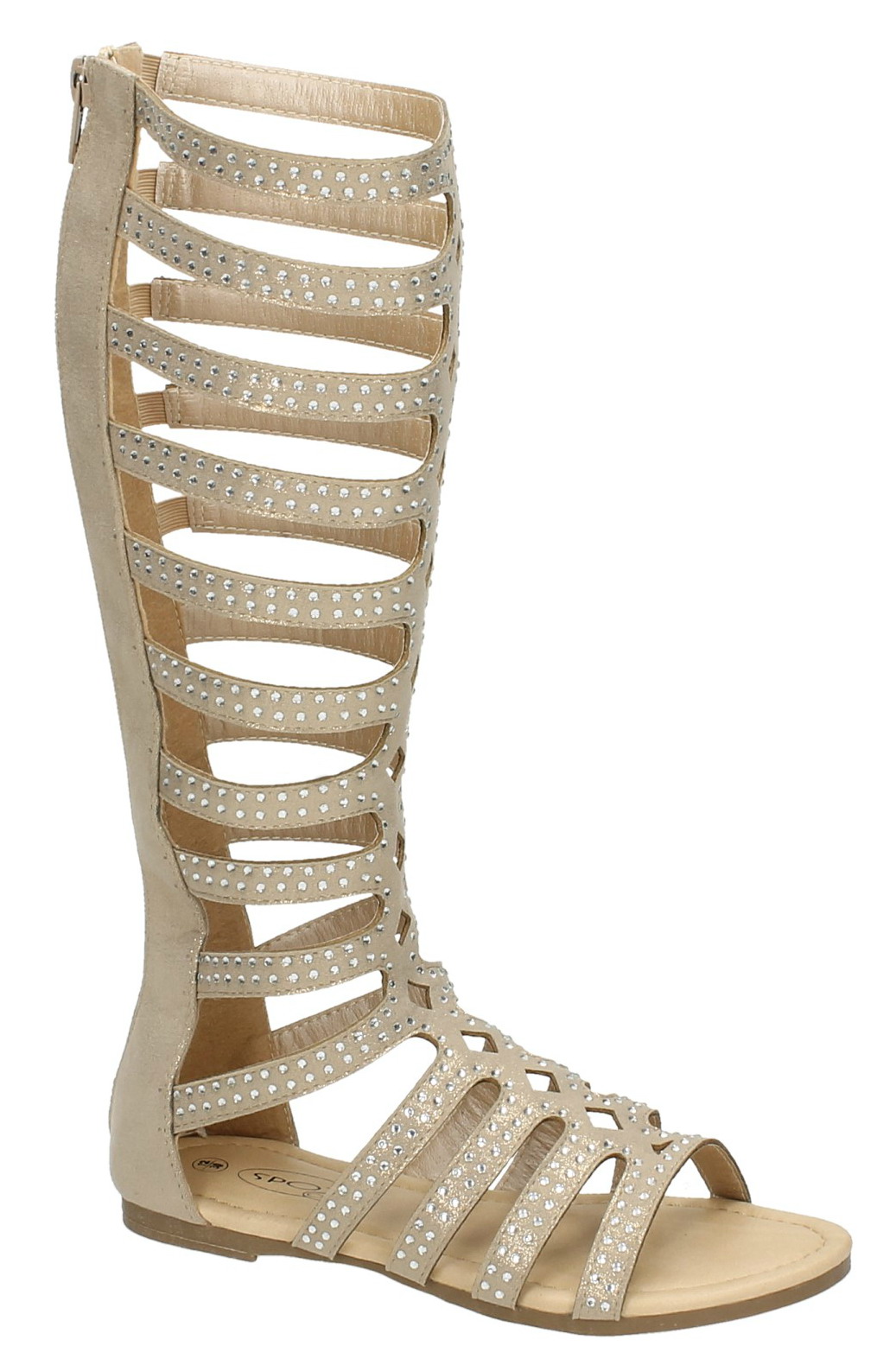 Girls Tall Knee High Strappy Gladiator Sandals Flat Diamante Summer